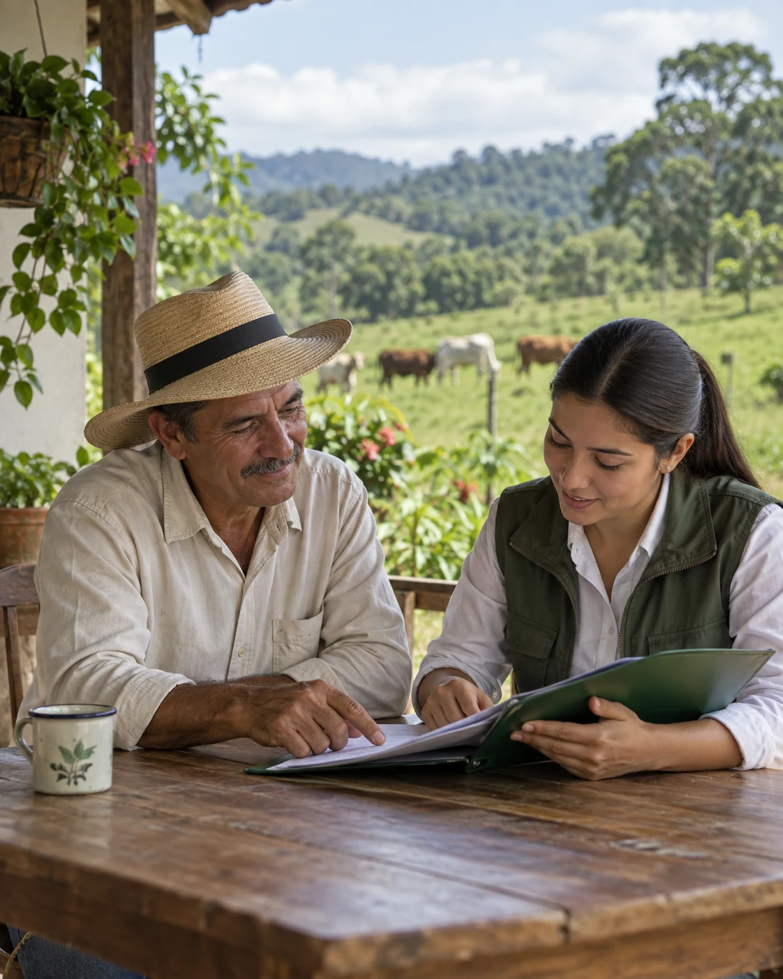 Productor y asesora revisando documentación en una finca