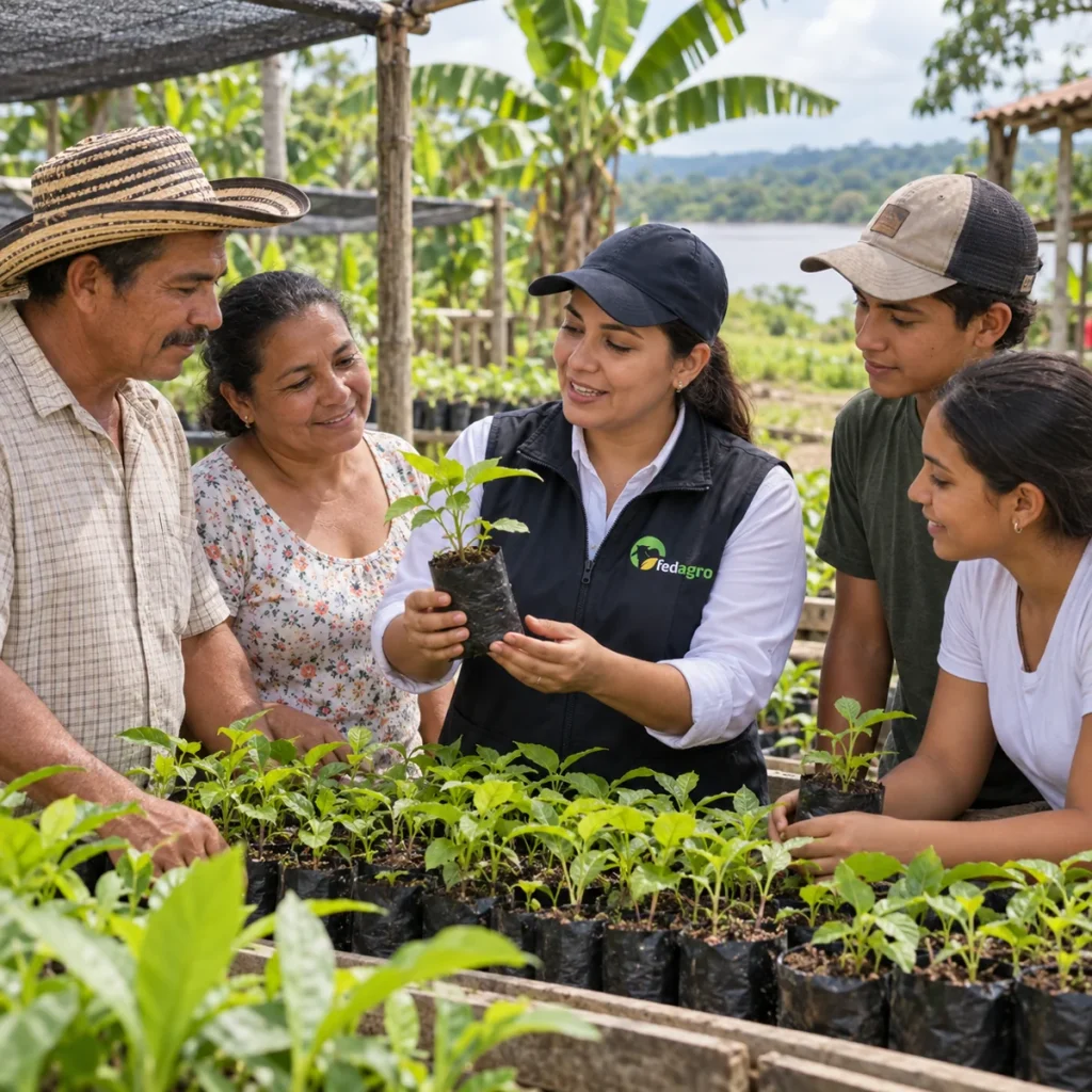 Comunidad rural trabajando en un vivero con acompañamiento de FEDAGRO