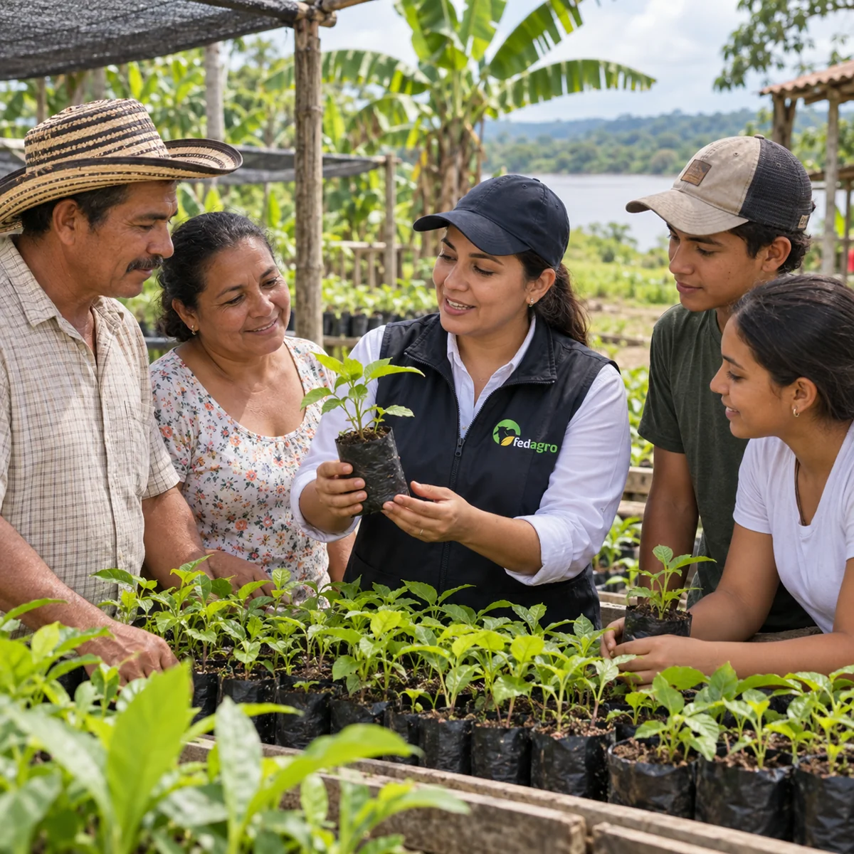 Comunidad rural trabajando en un vivero con acompañamiento de FEDAGRO